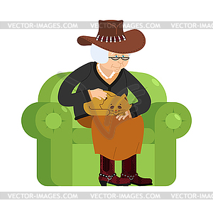 Western Grandmother cowboy and cat sitting on chair - vector EPS clipart