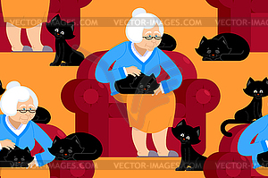 Cat lady pattern. Grandmother and cat sitting on - vector image