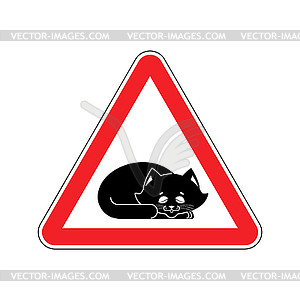 Attention Sleeping cat. Caution pet. Red triangle - vector clipart