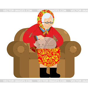 Russian Grandmother and cat. old woman in an - vector EPS clipart