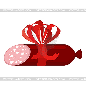 Salami gift with red bow. Sausage. Smoked De - vector clipart