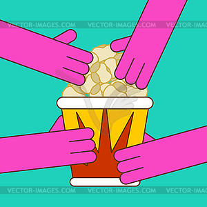 Popcorn and hand. Paper box popped corn - vector clipart