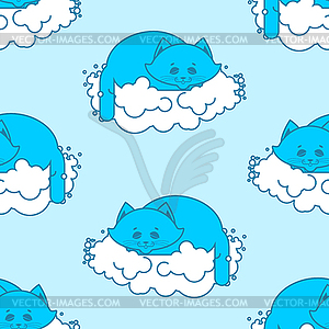 Cat sleeps on cloud pattern. Soft fluffy pet and - vector clipart