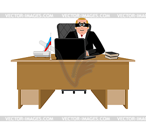 Russian hacker. computer thief of Russia. Man in - color vector clipart