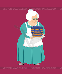 Grandmother with pie. grandma and blueberry cake. - vector image