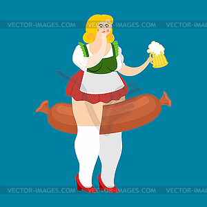 Девушка Октоберфест и колбаса. Национальная пивная фестива - векторная иллюстрация