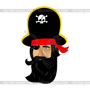 Pirate portrait in hat. Eye patch and smoking pipe - vector image