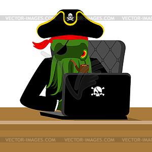 Web pirate Octopus and laptop. poulpe internet - vector image