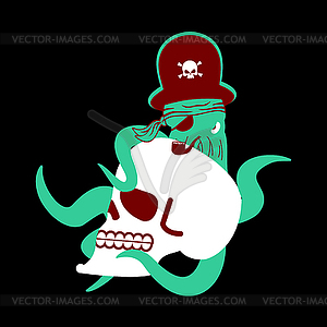 Octopus pirate and skull. poulpe buccaneer and - vector clip art