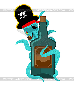 Octopus pirate and bottle of rum. poulpe buccaneer - vector clip art