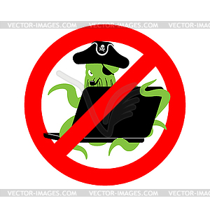 Stop Web pirate Octopus and laptop. Ban sign - vector clipart