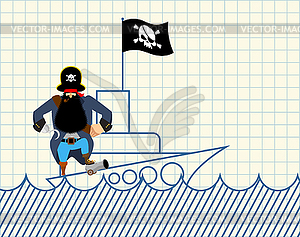 Pirate on ship. Painted ship and buccaneer. Scary - vector image