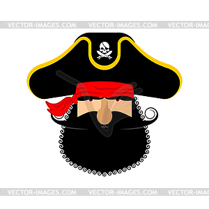 Pirate portrait in hat. Eye patch and smoking pipe - vector image