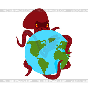 Octopus and earth. poulpe monster and planet - vector image