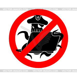 Stop Web pirate Octopus and laptop. Ban sign - vector EPS clipart