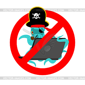 Stop Web pirate Octopus and laptop. Ban sign - vector EPS clipart