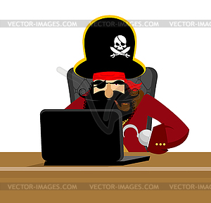 Web pirate and laptop. internet hacker and PC. - vector clipart