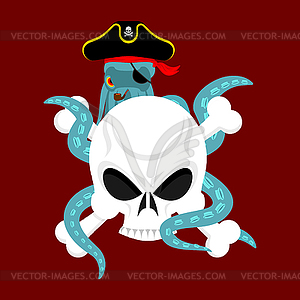 Octopus pirate and skull. poulpe buccaneer and - vector image
