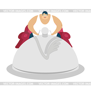 Fat guy is sitting on chair and dish tray. Glutton - vector clipart / vector image