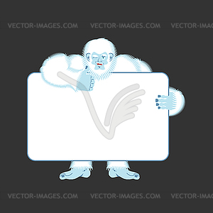 Yeti holding banner blank. Bigfoot and white - vector clipart