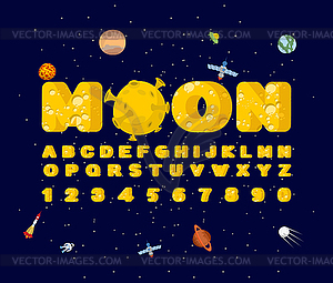 Moon font. Yellow letters of moon texture. alphabet - color vector clipart