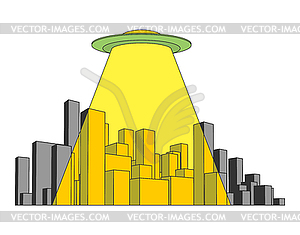 City and UFO. Abstract Skyline and Space Invader. - vector clip art