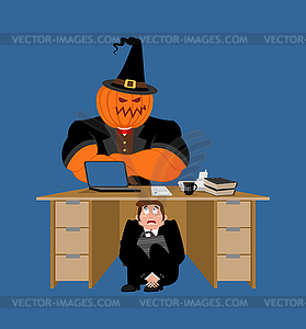 Businessman scared under table of pumpkin. - vector clipart