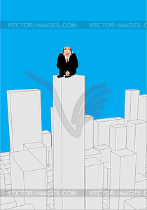 Businessman scared on skyscraper. frightened - vector clip art