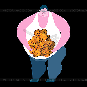 Fat guy and cookie. Glutton Thick man and biscuit. - vector image