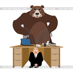 Бизнесмен испугался под столом Медведя. испуганный - векторизованный клипарт