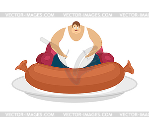 Fat guy is sitting on chair and sausage. Glutton - vector image