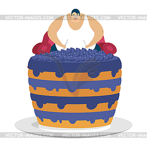 Fat guy is sitting on chair and blueberry cake. - vector clipart / vector image