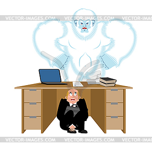 Businessman scared under table of yeti. To hide of - vector clipart