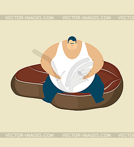 Fat guy and steak. Glutton Thick man and piece of - vector image