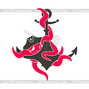 Pirate Octopus and anchor. filibuster devilfish - vector clipart