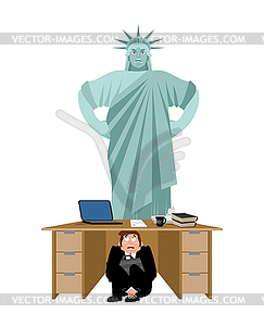 Businessman scared under table of Statue of Liberty - vector clip art