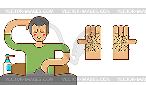 Hairy palms hand of onanism. Guy masturbates. - vector image