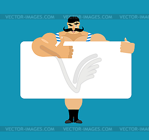 Retro strongman holding banner blank. Vintage - color vector clipart