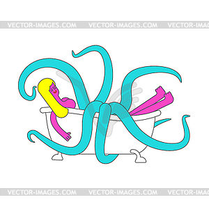 Woman lying bath and Octopus. girl washing in - vector image