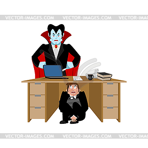 Businessman scared under table of dracula vampire. - vector clipart