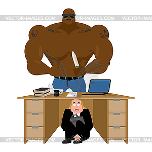 Businessman scared under table of robber. frightene - vector clipart