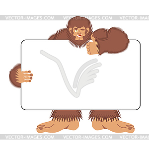 Bigfoot holding banner blank. Yeti and white - color vector clipart