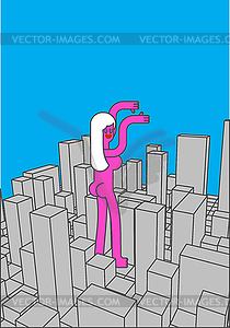 City and Big woman. Abstract Skyline and monster. - vector clip art