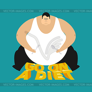 Fat guy go on diet. Glutton Thick man. fatso - vector image