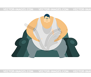 Fat guy is sitting on chair. Glutton Thick man. - vector image