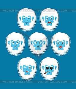 Yeti emoji set. Bigfoot sad and angry face. - vector clipart