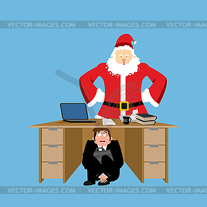 Businessman scared under table of angry Santa Claus - vector clipart
