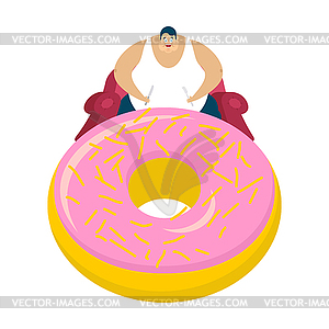 Fat guy is sitting on chair and donut. Glutton Thic - vector image