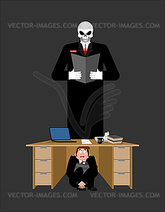 Businessman scared under table of creditor. - color vector clipart