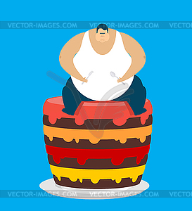 Жирный парень и торт. Обжора Толстый человек и пирог. толстяк - векторный клипарт EPS
